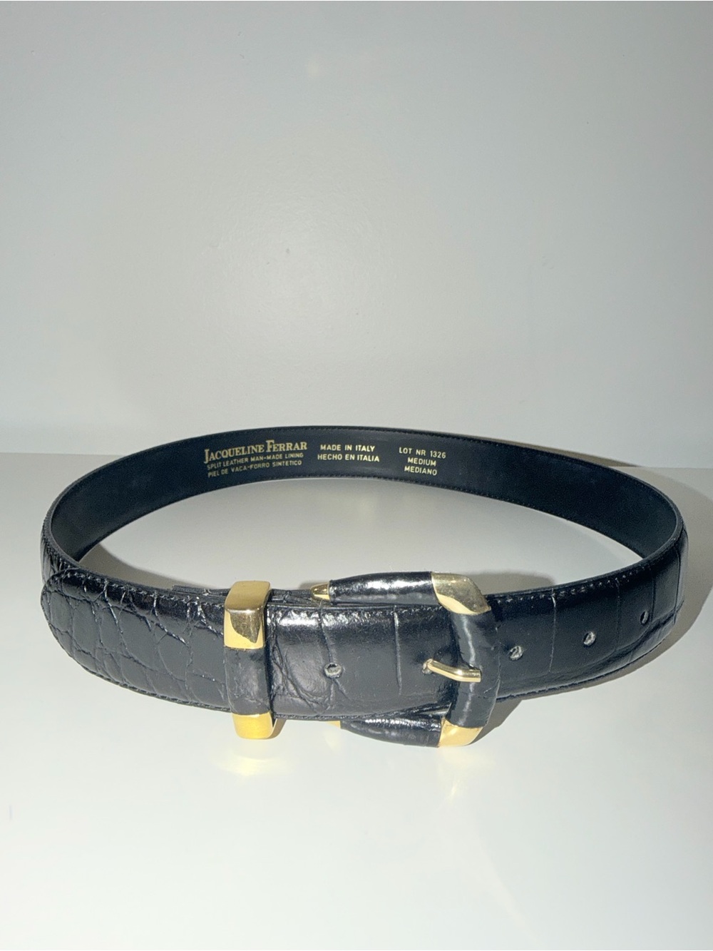 Jacqueline Ferrar Black Croc-Embossed Split Leather Belt with Gold Buckle, Sz Me